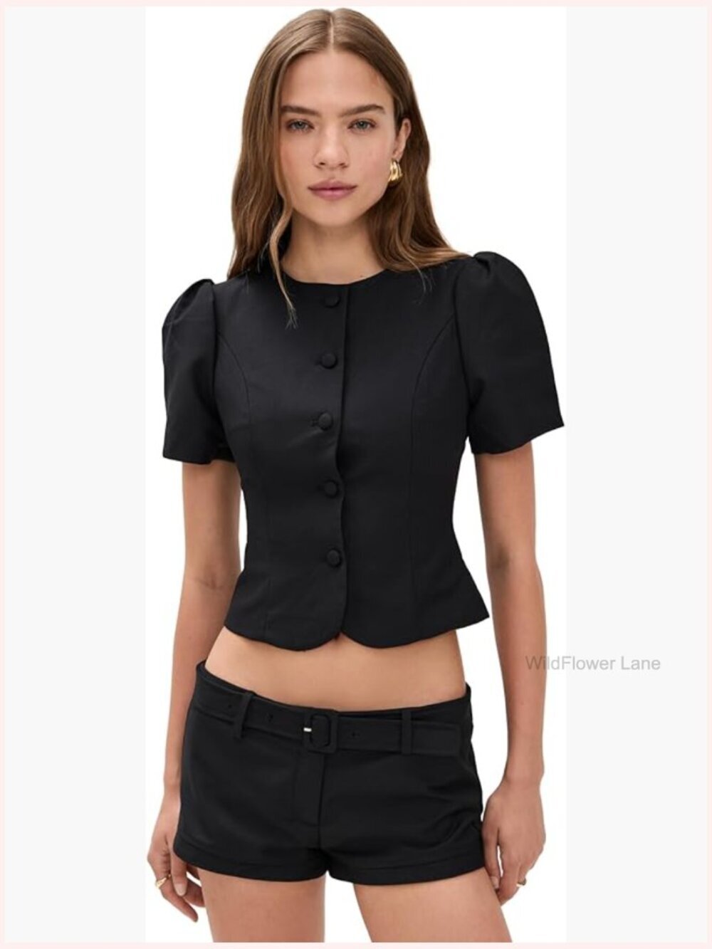 Women's Femme Blouse Short Puff Sleeves Button Placket Blouson Top